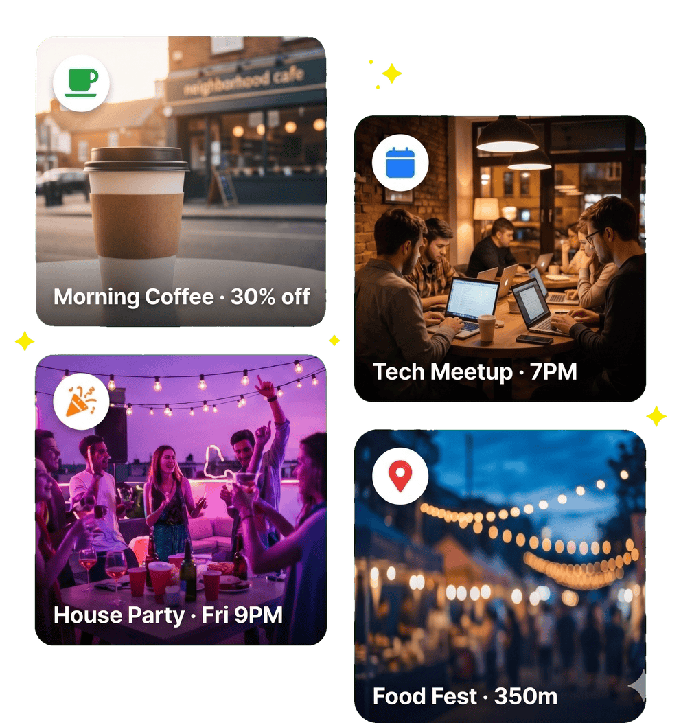 Community cards showing local events, meetups, and nearby offers